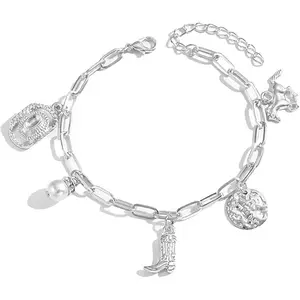 Western Charm Bracelet for Women Cowgirl Hat Western Bracelets Gold Cowboy Boot Bracelet Adjustable Pearl Horse Bracelets Trendy Elegant Jewelry Accessories