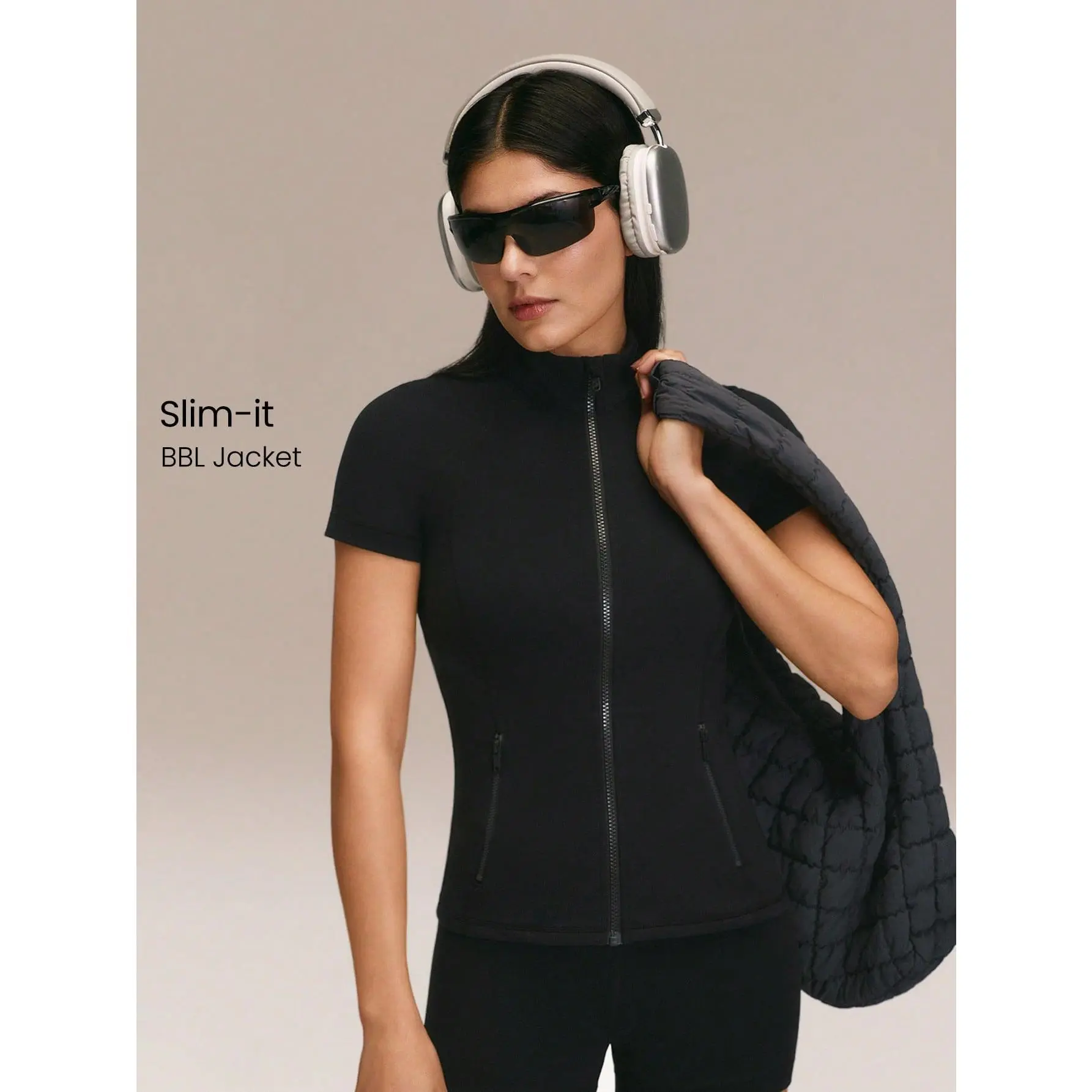 GLOWMODE FeatherFit BBL Slim-Fit Short-Sleeve Zippered Side Pockets Zip-Up Jacket Buttery-Soft Sweat-Wicking Stretchy Yoga Pilates Studio Daily Active Wear
