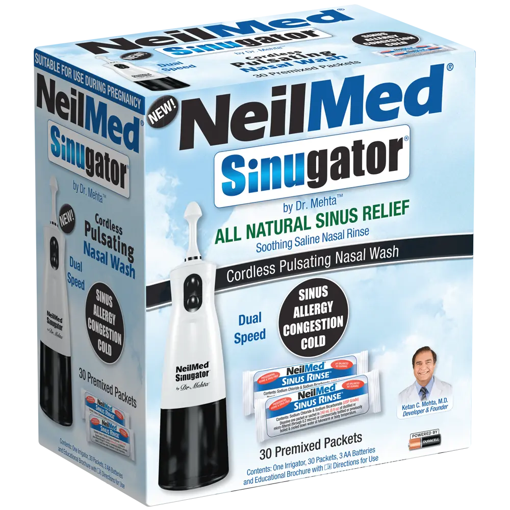 NeilMed Sinugator Cordless Pulsating Nasal Wash – Dual Speed Sinus Rinse Irrigator with 30 Premixed Saline Packets, 3 AA Batteries – Black