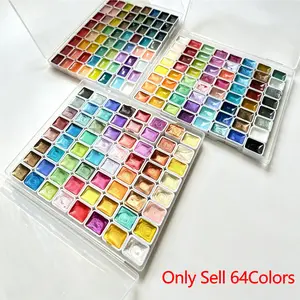 Pure Solid Watercolor Pigment with 64 Colors, Glitter Shimmer & Pearlescent Metallic Paint, Mini Portable Art Travel Kit, Watercolor Paint Set