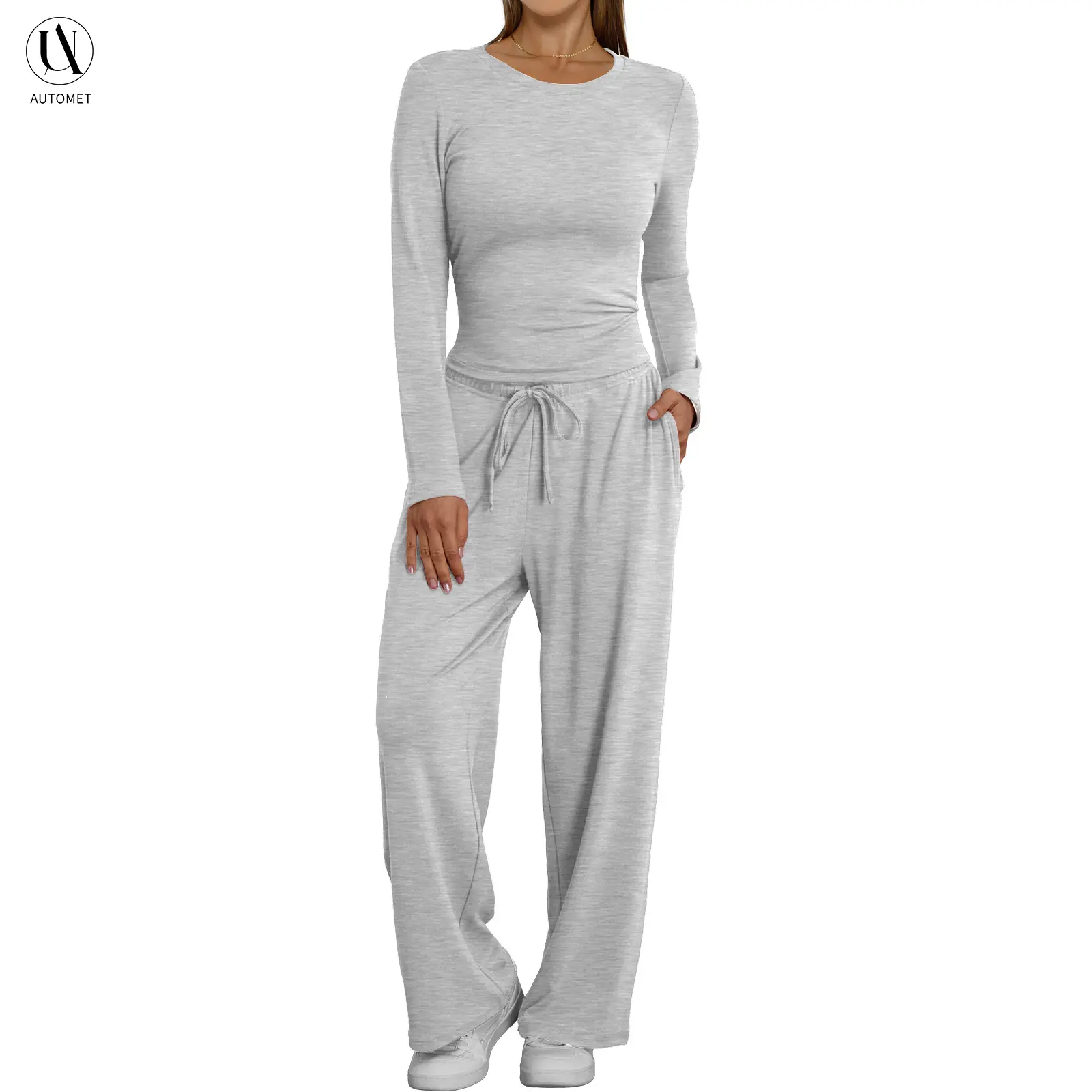 AUTOMET Women's 2-Piece Loungewear Set - Asymmetrical Long Sleeve T-Shirt & Wide Leg Pants, Soft, Minimalist Matching Casual Tracksuit Basic Clothing, Soft Lounge Sets, 2 Piece Sets, Women 2 Piece Sets