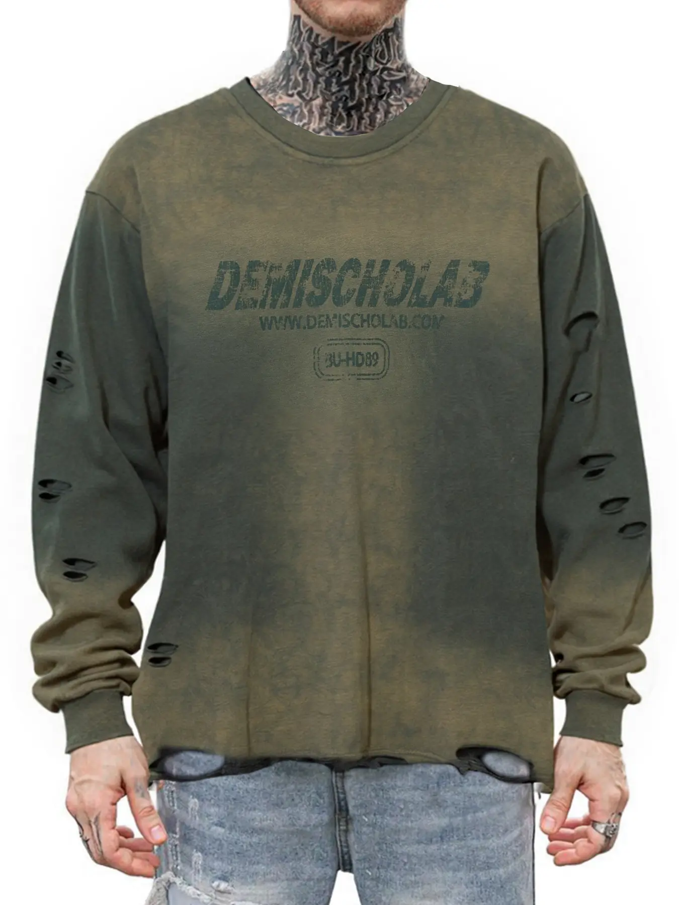 Men's Vintage Wash Tie-Dye Ripped Faux Fur Letter Print Sweatshirt, Casual Round Neck Long Sleeve Top, Fall & Winter Fashion, Graphic Sweatshirts