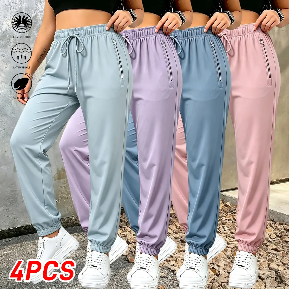 Women's Fitted Fashionable Casual Long Activewear Pants - Cool, Soft, Skin-Friendly, Breathable Sportswear Bottoms with Elastic Cuffs, Stylish Zippered Pockets, Machine/Dry Cleanable, Ideal for Athletic Outdoor Activities