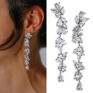 Sparkling Drop Earrings Long Marquise Cubic Zirconia Silver Plated Hypoallergenic Gift for Her Elegant Dangle Earrings for Weddings
