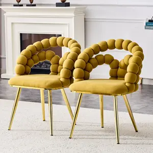 Set of 2 Yellow Puffy Bubble Chair Ball Chain Chair Velvet Dining Chairs with Gold Legs, Modern Upholstered Accent Chairs for Dining Room & Kitchen