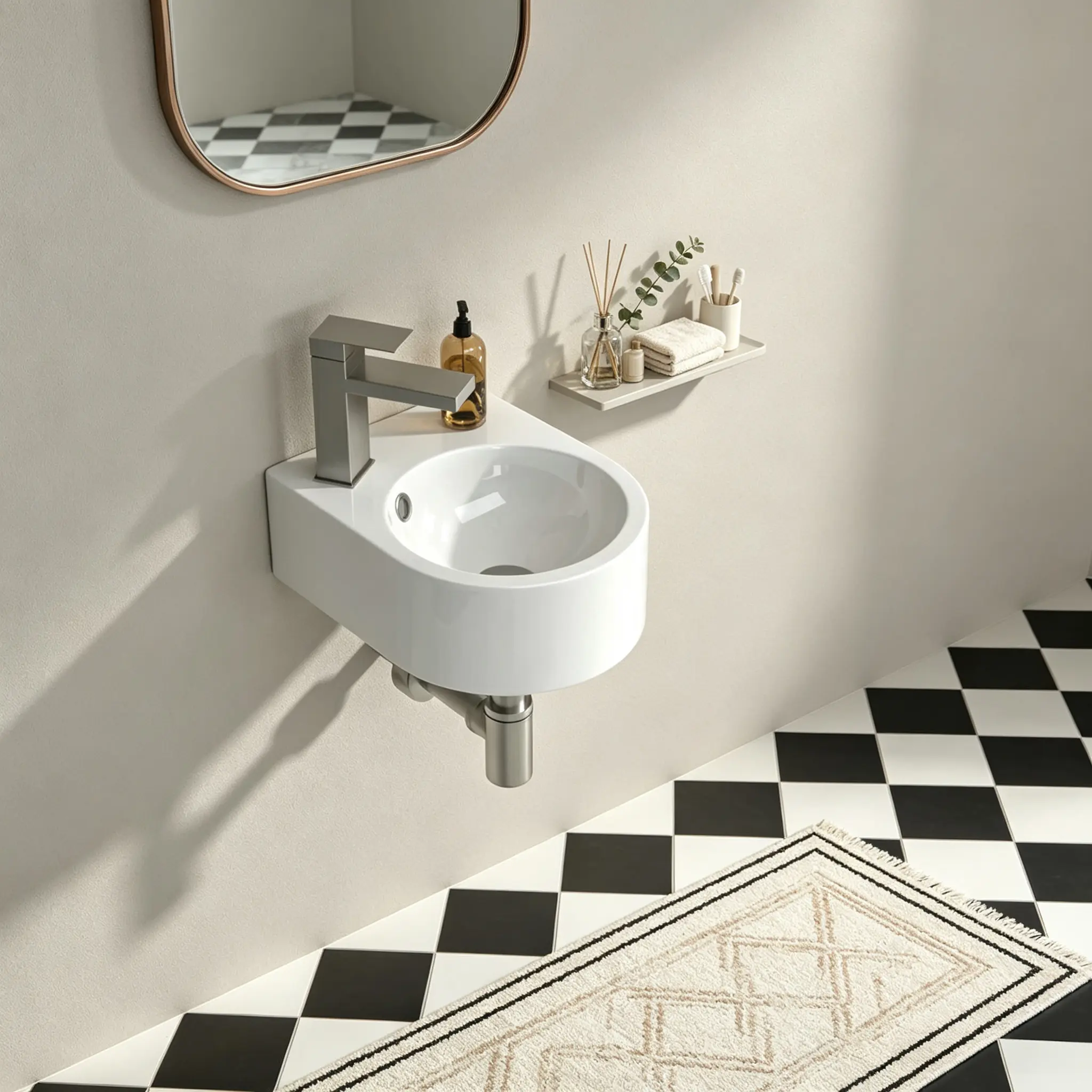 Logmey 13"L x10"W Circular Wall Mounted Bathroom Sink White Ceramic Wall Hung Lavatory Sink With Pre-Drilled Faucet Hole Space Saving Small Wall Vessel Sink