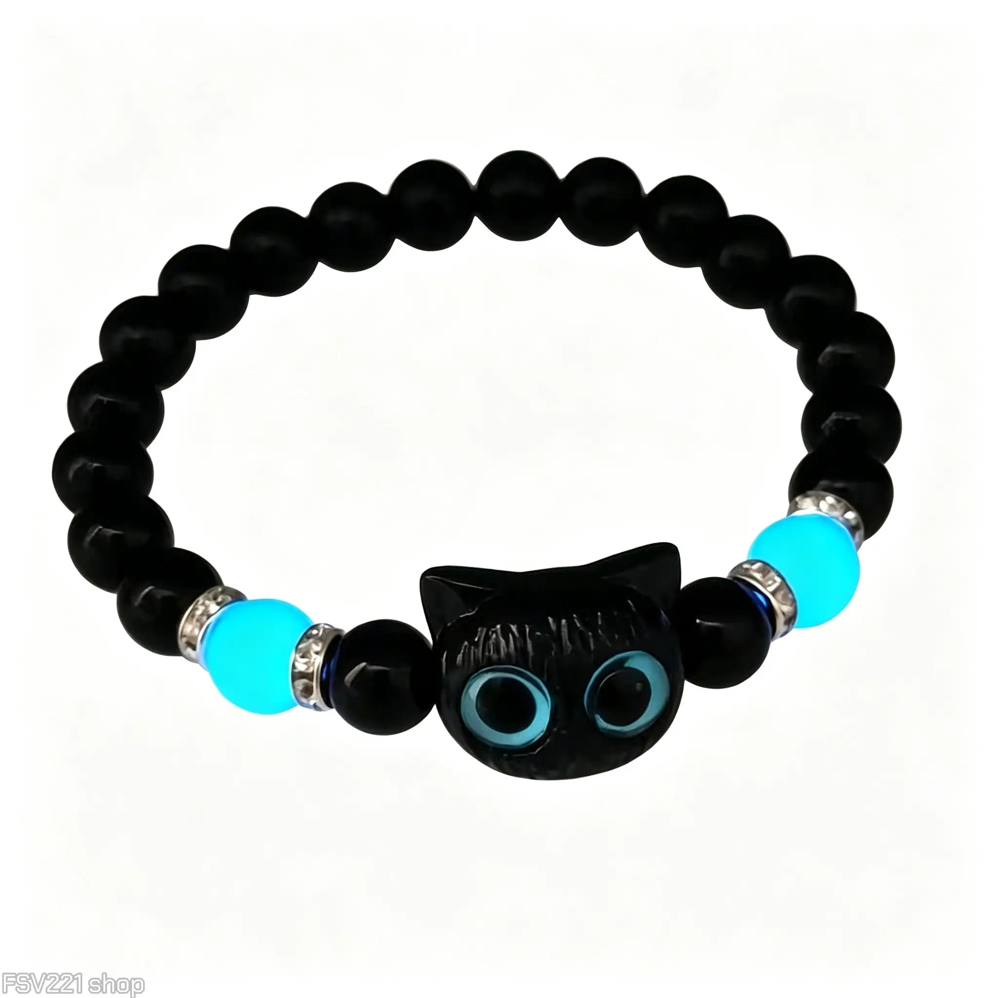 Women's Glow in the Dark Cat Charm Bracelet, Smooth Black Beaded Chain, 45cm Adjustable Stretch Design, Cute Animal Costume Jewelry for Matching with a Friend