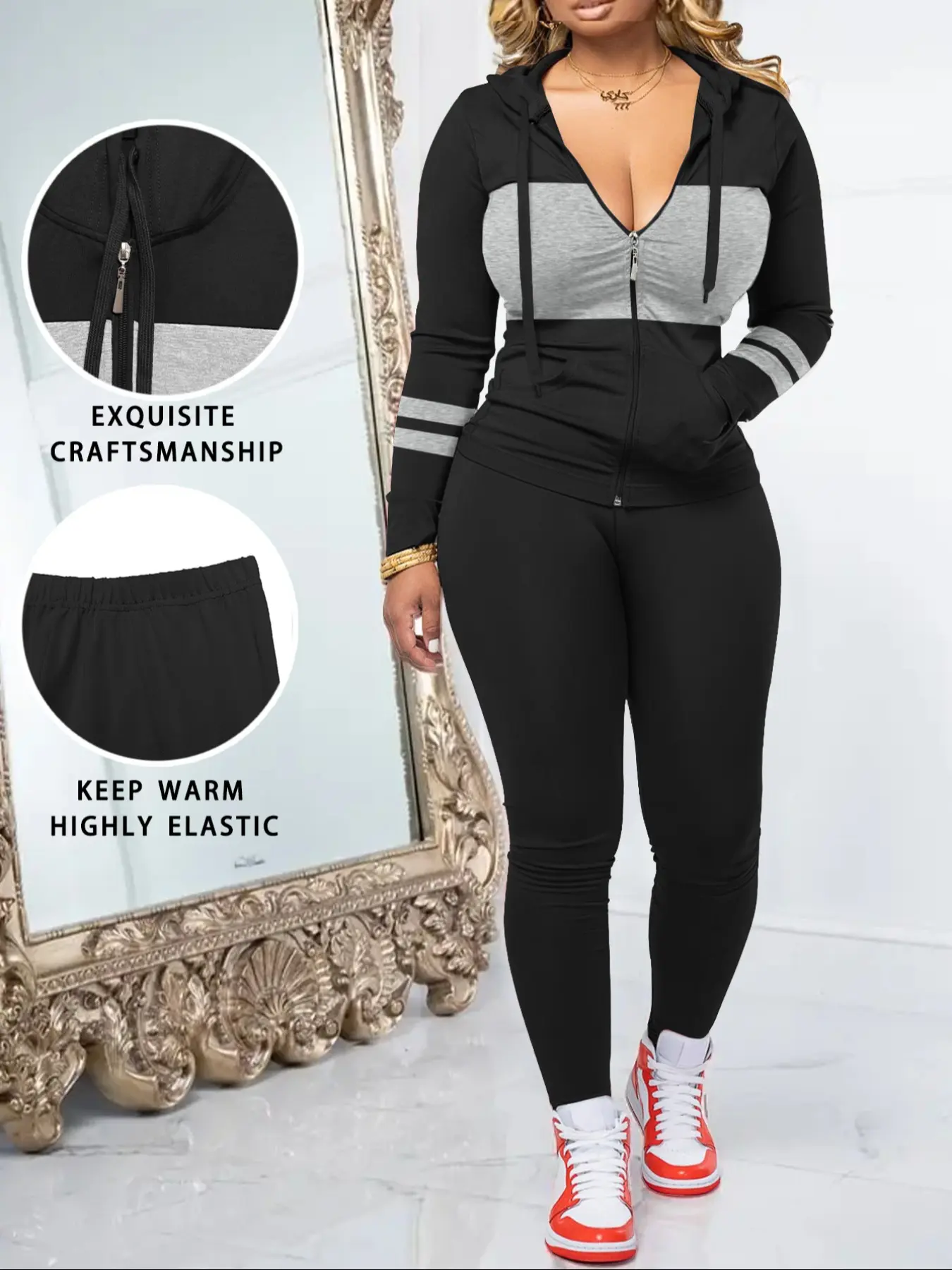 Women's Fashion Colorblock Hooded, Slim-Fit Zipper Cardigan & High-Waist Skinny Pants, Casual Gym Leggings Athleisure Wear Tracksuit Set Sporty Style Clothes Athleisure Tracksuit Outfit Casual Sportswear Outfit Athleisure Outfits