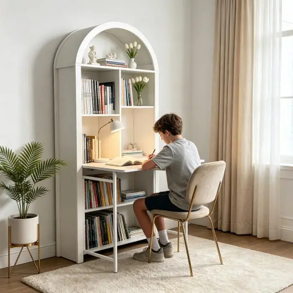 [Bellemave]Folding Craft Desk with Storage Shelves, Convertible Hideaway Desk to Bookshelf, Foldable Desk with Storage, Disappearing Desk for Small Spaces, Multifunctional Converted Craft Table, Vanity Desk