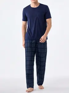 Men's Cartoon Print Short Sleeve Top Sleepwear Set, 2-Piece Plaid Long Pants Pajama Suit, Comfortable Nightwear for Men