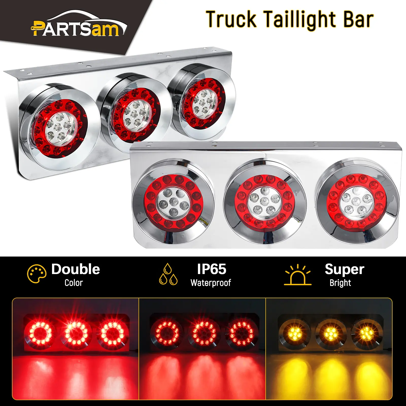 Partsam 2Pcs 54 LED Truck Trailer Tail Lights Bar with Chrome Iron Bracket Base Waterproof 24V 4 Inch Round Led Trailer Tail Lights Bar Stop Turn Signal Running Parking Lights Lamps RV Camper