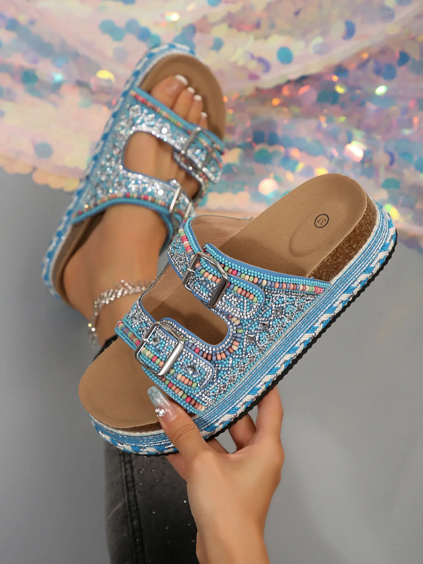 Women's colorful beaded woven platform sandals with adjustable double buckle straps, rhinestones, open toe, thick sole, suitable for beach vacations, summer, everyday versatile casual slippers, Peep Toe Sandals, Double Buckle Slides