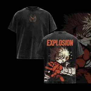 Vintage Washed Heavyweight Cotton Oversized T Shirt My Hero Academia Bakugou Katsuki Graphic Tee Unisex Streetwear Casual Daily Top For Explosive Hero Anime Fans