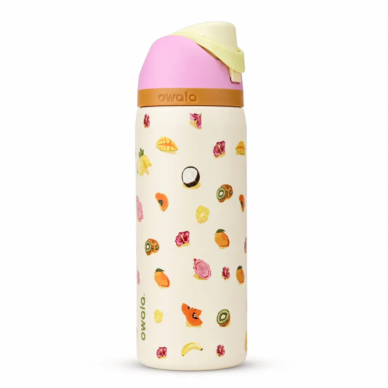32oz Owala FreeSip Insulated Stainless Steel Reusable Straw Cup - Tropical Fruit Print, Leak-Proof, Loop Lid, Lemon Accent, Women's Cute Travel Bottle for Gym, Beach, Cold Summer Drinks (Home Supplies Storage Bottle), Aesthetic