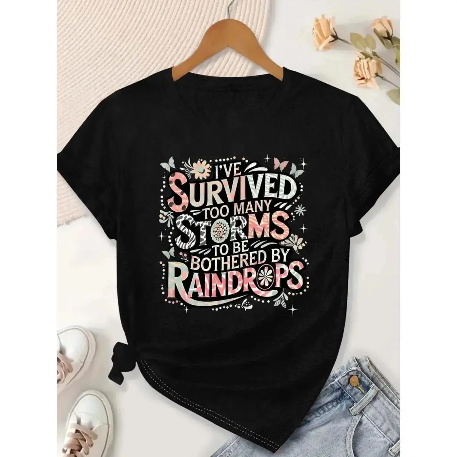 Women's Casual Cotton Short-Sleeve T-Shirt - Floral Butterfly "Survived Many Storms Be Bothered by Raindrops" Design, Round Neck, Soft Breathable Streetwear Top for Spring Summer Daily Wear, Shortsleeve, Tshirt, Clothes