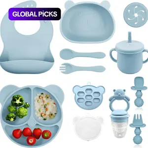 Bear Design Silicone Baby Feeding Set, 11-Piece Baby Dinnerware Set with Bowl, Spoon, Fork, Bib, Straw Cup, Snack Cup and Ice Cube Box, Silicone Utensils Set