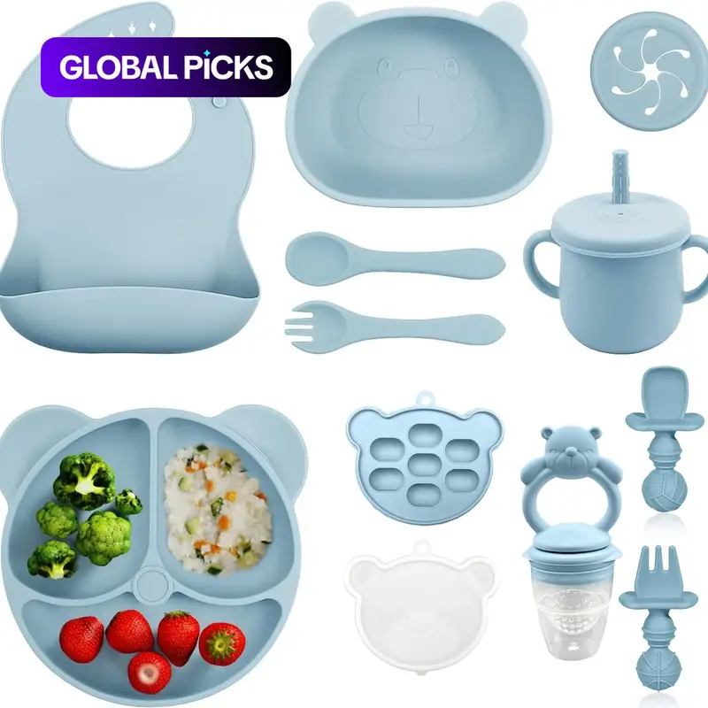 Bear Silicone Baby Feeding Set, Toddler Plates And Bowls Set, 11-Piece Baby Dinnerware Set, Toddler Dinnerware Set with Bowl, Spoon, Fork, Bib, Straw Cup, Snack Cup and Ice Cube Box, Feeding Essentials Kit #GLOBAL PICKS
