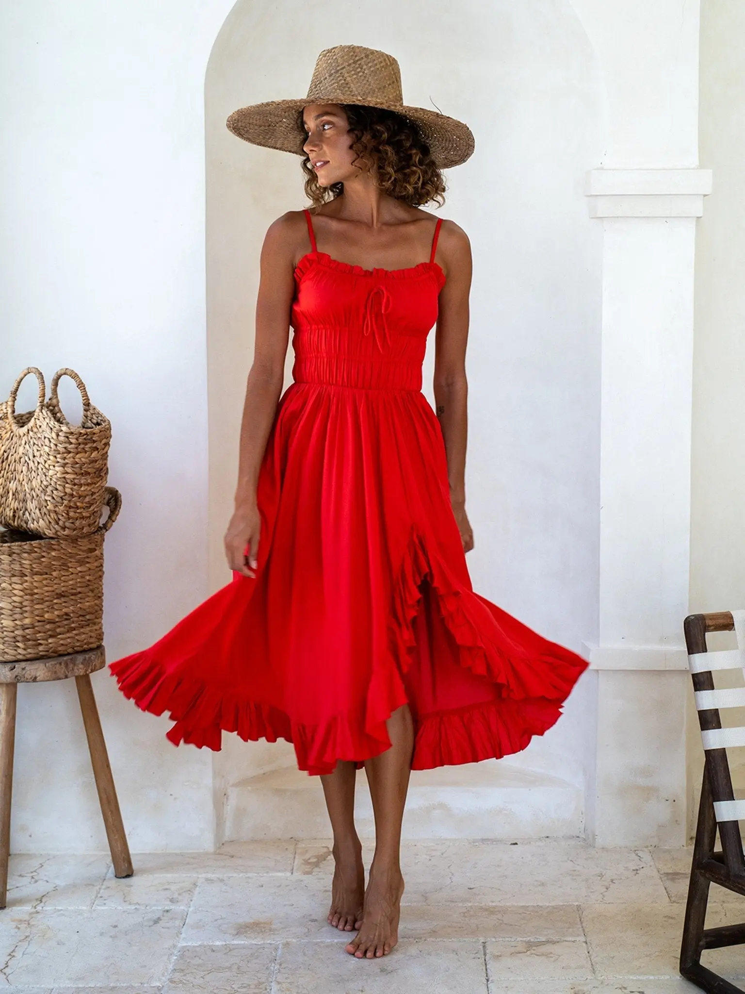 Carmen Midi Dress, Boho Chic Summer Dress with Pockets and Slit, Flowy Sustainable Viscose, Adjustable Straps & Ruffled Bodice, Slit Midi Dress for Beach Vacation & Travel, Comfortable Ethical Women's Fashion, Red dress, Yellow Dress, Summer Dress