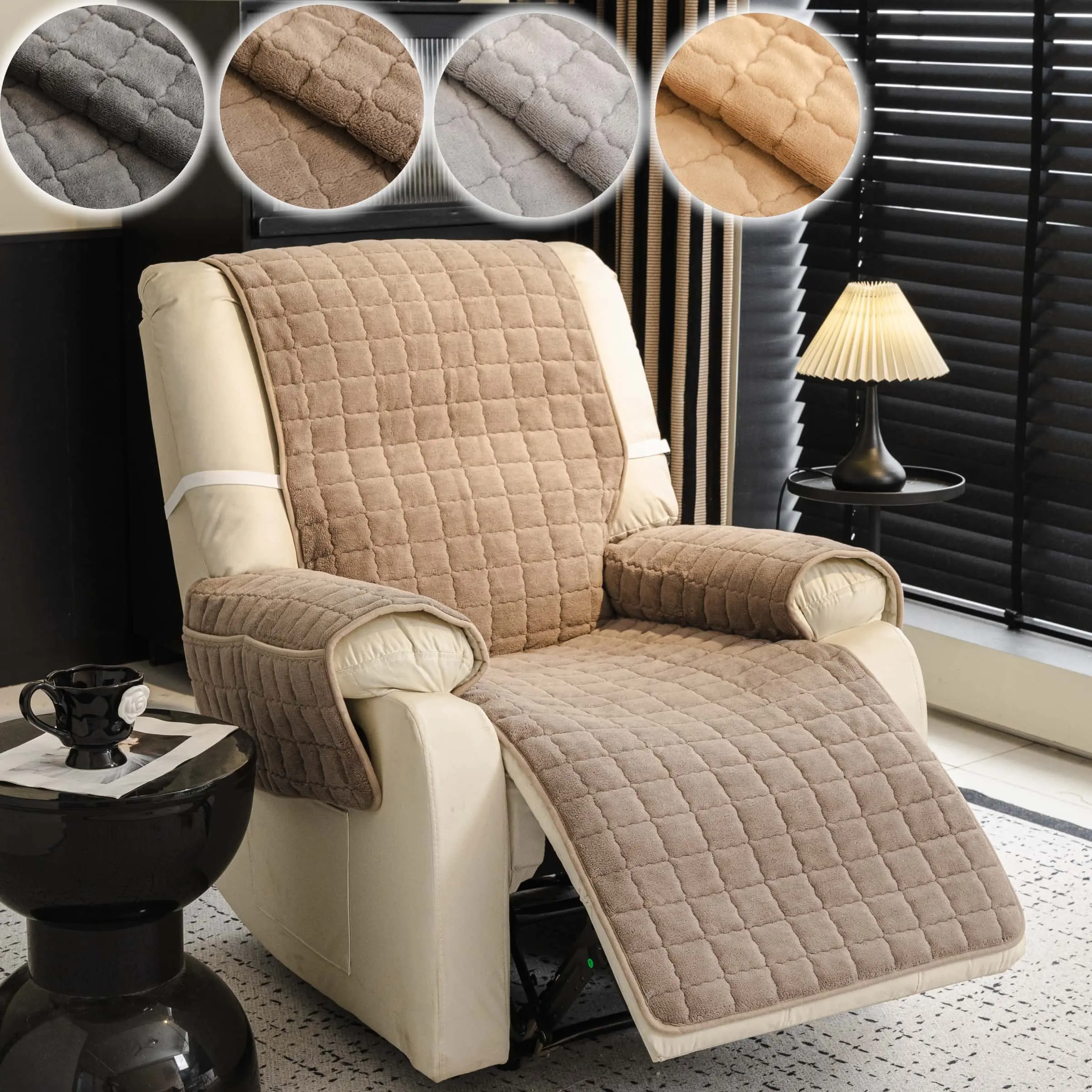 Luxury Solid colour Recliner Chair Cover, Reclining Couch Covers for Dogs, Non-slip, Washable Recliner Sofa Cover，Recliner Couch Slipcover Furniture Protector with Elastic Straps,  Anti Scratch Furniture Cover for Single Seat Couch.