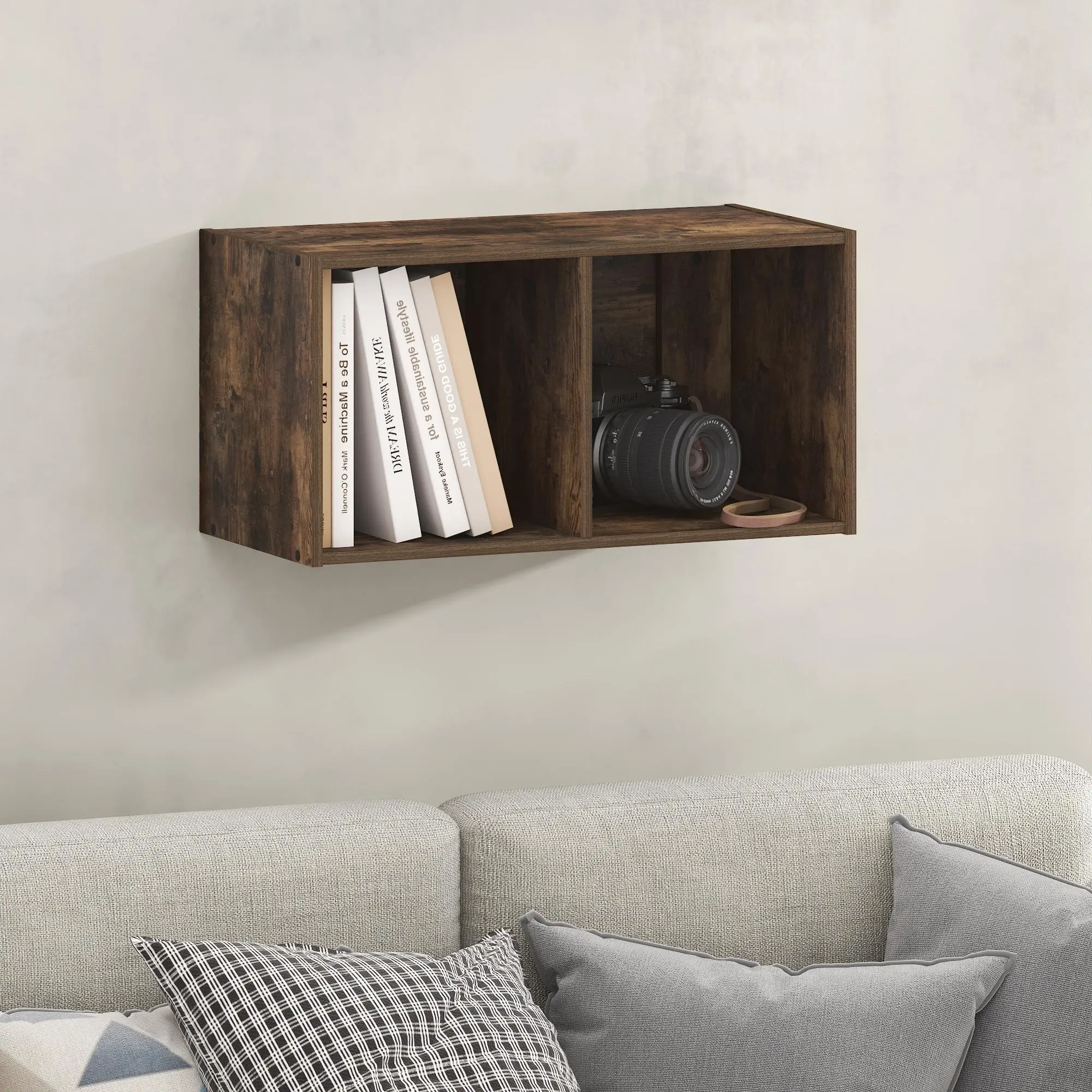 FANO 2-Cube Floating Shelves for Wall, Standing Bookshelf, Horizontal or Vertical, for Living Room, Study Room, Amber Pine, Space-Saving Wall Storage and Home Decor for Small Spaces and Apartment Living