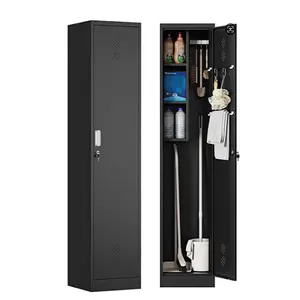 Letaya Broom Closet Storage Cabinet,Metal Cleaning Supply Tool Cabinet,Utility Cabinets for Brooms & Mops Black Garage Organization Cabinet for Laundry Room, Bathroom