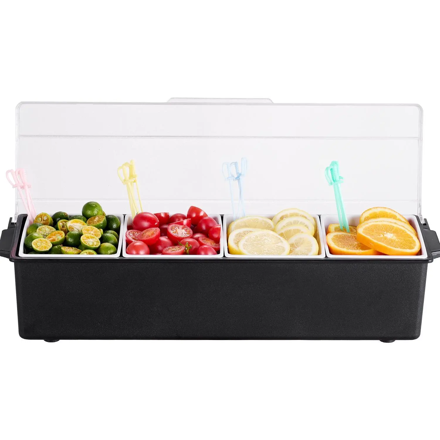 VEVOR 4-Compartment Chilled Condiment Server with Lid - Impact-Proof Condiment Containers, 4-Part Separation Multipurpose Food Organizer, Chill Airflow Storage for Fruit, Outdoors, Travel