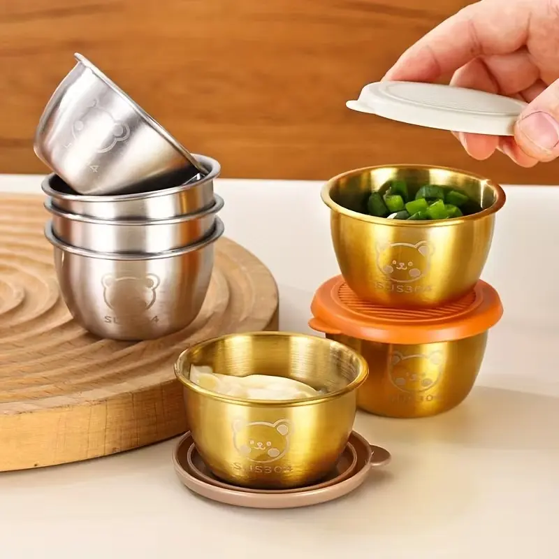 BUMEZENT 6 pcs, Silvery 304 Stainless Steel Sauce Cup with Lid, Reusable Sauce Container with Leak Proof Plastic Lid, Seasoning Cup for Salad Dressing Container, Barbecue Sauce Seasoning Plate Set, Cheese Sauce Cup, Creative Tomato Sauce Cup