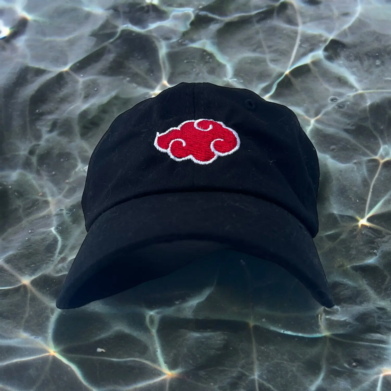 Naruto Akatsuki Strap Back Dad Hat - Black with Red Symbols, Iconic Design Inspired by the Clan, Comfortable Strap Back Closure