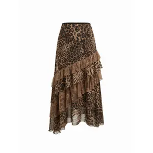 Cider Chiffon High Rise Leopard Print Layered Maxi Skirt