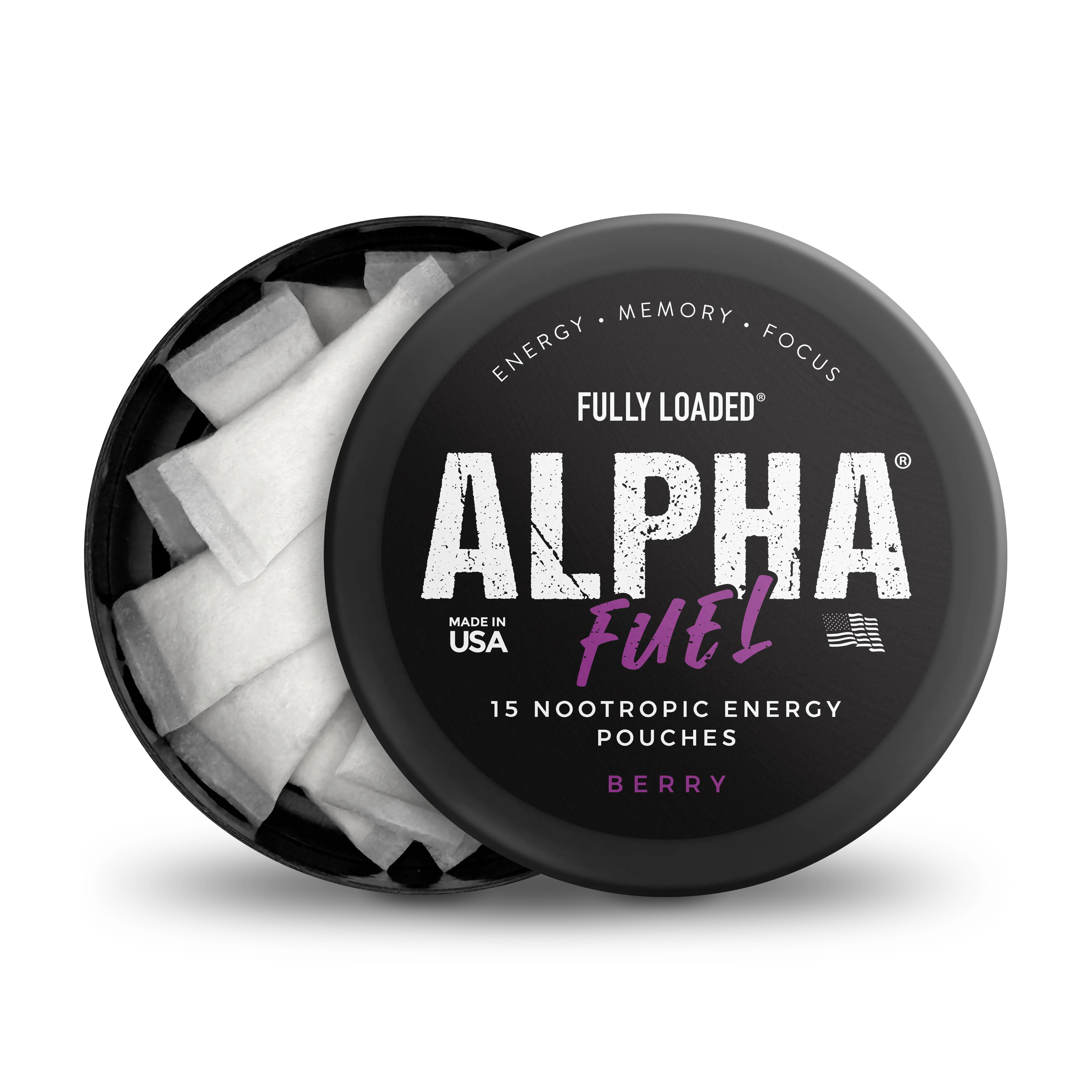 ALPHA Fuel Nootropic Berry Energy Booster Caffeine Pouches by Fully Loaded - Sugar-Free Sports Beverage with Focus, Memory Support, Caffeine Energy Pouches