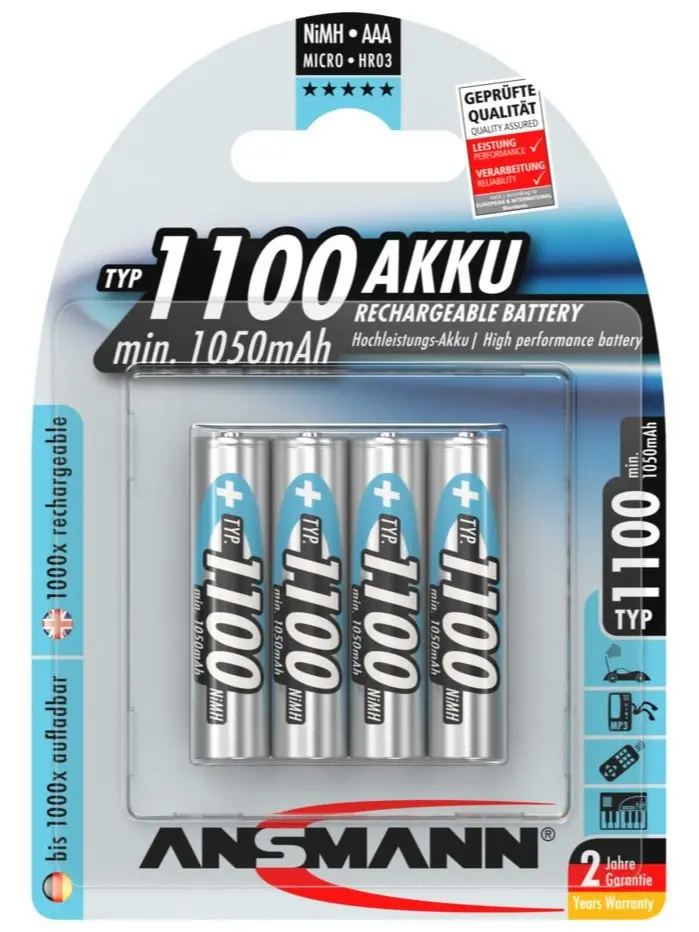 Ansmann 1100 mah AAA High Capacity Low Discharger Hybrid Rechargeable Batteries Wireless