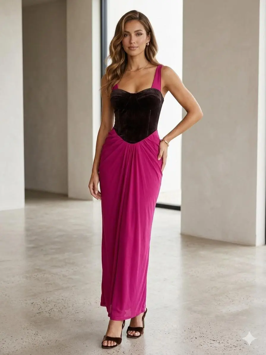 WENRY Women's Luxury Mesh Roxanne Velvet Corset Maxi Dress, Formal Evening Wear Elegant Fabric
