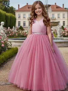 Girl's Rhinestone Decor Big Bow Design Contrast Mesh Fit and Flare Dress, Elegant Sleeveless V Neck Tulle Dress for Party Performance Wedding Guest, Kids Clothes for All Seasons, Tulle Overlay Dress