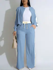 New Four-Season Fashion Open Cardigan Sportswear Set for Women, Korean Style Loose Fit Casual Two-Piece, Long Sleeve Striped Jacket and Pants, Athletic Tracksuit Set