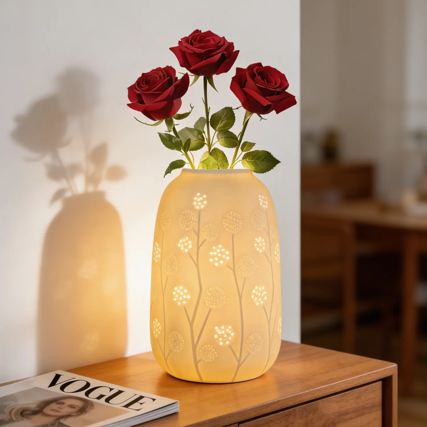 TACAHE Ceramic Vase Table Lamp, 2700K Bulb & 3 Artificial Flowers Included, E12 Socket, Inline Switch, Handmade Openwork Craft, Ambient Light for Living Room Bedroom - Dandelion 9"