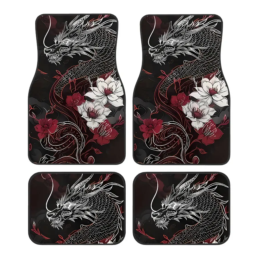 4-Piece Dragon Pattern Universal Car Floor Mats, Fits Sedans Suv Trucks, All-Weather Polyester Fiber Interior Accessories, Unisex Gift