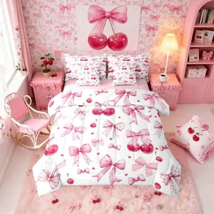 Feelyou 7-Piece Ultra-Soft Microfiber Cloth Pink Cherry Bow Bedding Set - Cute Kawaii Comforter Set with Sheets, Multi-Size Girly Theme Princess Look Bedroom Decor for Girls