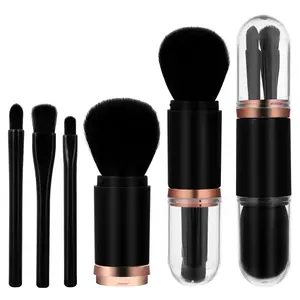 4 in 1 Retractable Makeup Brush Set Portable Travel Mini Facial Cosmetic Brush, Highlight Brush, Eyeshadow Brush, Foundation Blending Powder Brush (Black) springtok