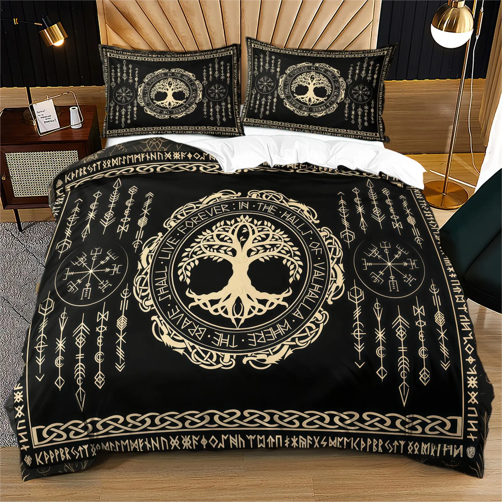 Viking Rune Pattern Duvet Cover Set, Nordic Mythology Tree Of Life Bedding Set (1 Duvet Cover + 1/2 Pillow Case, No Filler Included), Suitable For Viking Culture Lovers, Pagan Culture Lovers, Gothic Style Lovers, Bedrooms, Game Rooms, And Men's Cave Scene