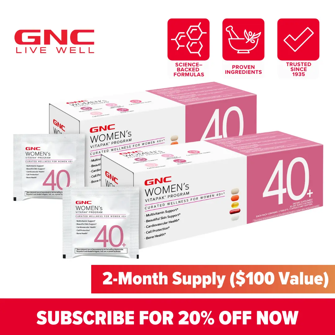 GNC 2-Pack Bundle: Women's 40+ Vitapak Program (30 Servings),Stress Support, Beautiful Skin, Bone Health & Omega-3s, Dietary Supplement, Natural Ingredient