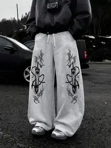 Men's Street Style Holy Sword Print Drawstring Wide Leg Casual Pants, Loose-Fitting Geometric Pattern, All Seasons Fashion, Streetwear