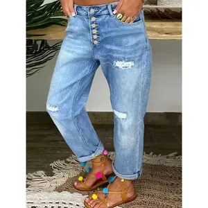 Women's Stretchy Comfort Fit Ripped Jeans - Distressed Washed Blue, Straight-Leg Denim Pants for All Seasons