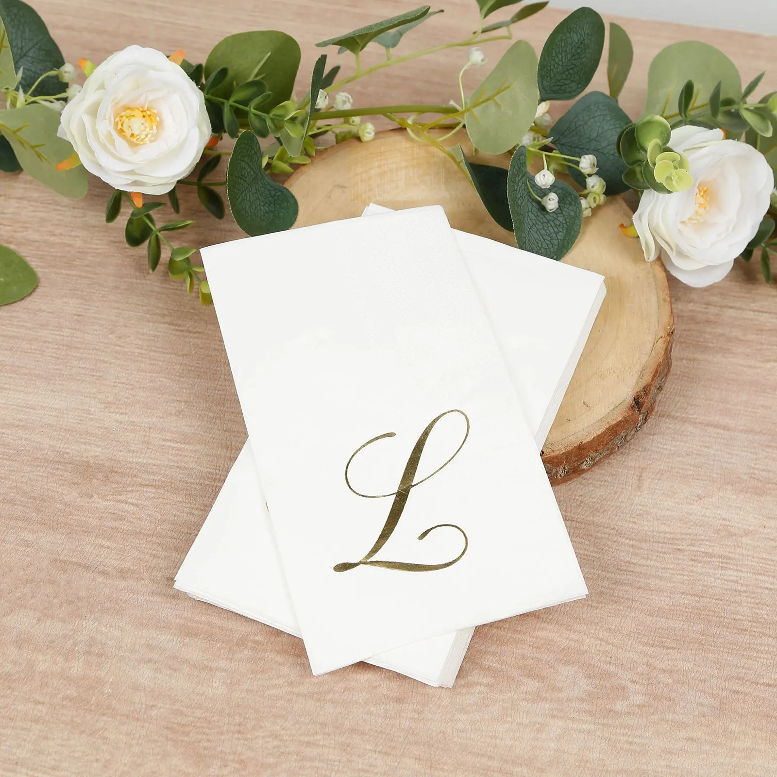 Bulk Disposable Paper Dinner Napkins (100-Pack) - White with Gold Foil Monogram "L", 8"x4" Folded, Restaurant Tableware for Birthday, Wedding Festival Events, Bulk Napkins, Festival Party Tableware