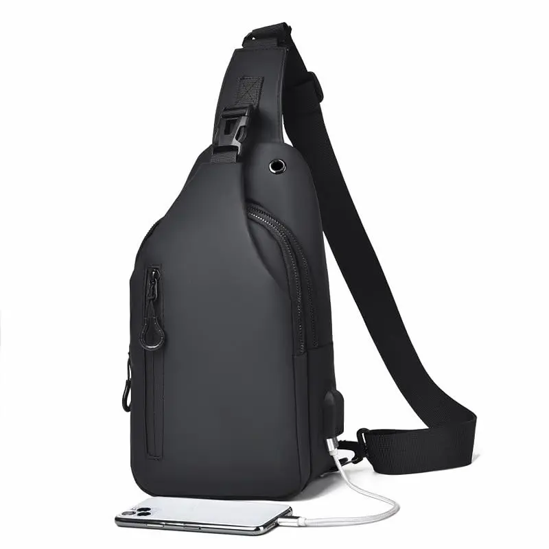 Waterproof Sling Bags Mens Shoulder Crossbody Backpack with USB Charging Port& Headphone jack,Outdoor Lightweight Bag, Durable PU Sling Bag,Zipper Bum Bag, Multisport Pack, Crossbody Bag