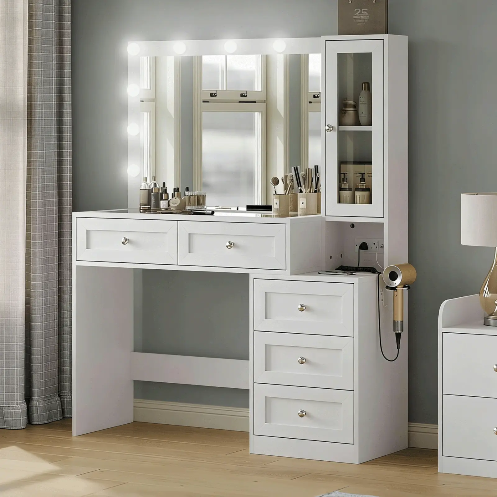 CollaredEagle 43" W Illuminated Makeup Vanity - Modern Dresser, LED Desk with 11 Lights, 3 Adjustable Brightness Modes, 5 Drawers, Glass Top, Power Outlet, Stylish Indoor Dressing Table,dorm essentials,home decor