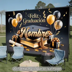 2D Flat Banner Polyester Photography Backdrop, HD Digitally Printed Black and Gold Graduation Theme Background Cloth, Soft Lightweight Foldable Photo Backdrop for Graduation Party, Photo Booth, Studio Shooting, Event Decor, and Po