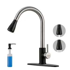 Stainless steel pull-out kitchen sink faucet with soap dispenser, available for 1/3 holes in the sink, single handle, suitable for sinks, RVs, laundry rooms, bars, brushed nickel high arc hurran pulldown attachment aerator water multifunctional storage