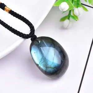 Natural Labradorite Raw Stone Pendant Necklace Woven Moonstone Irregular Raw Stone