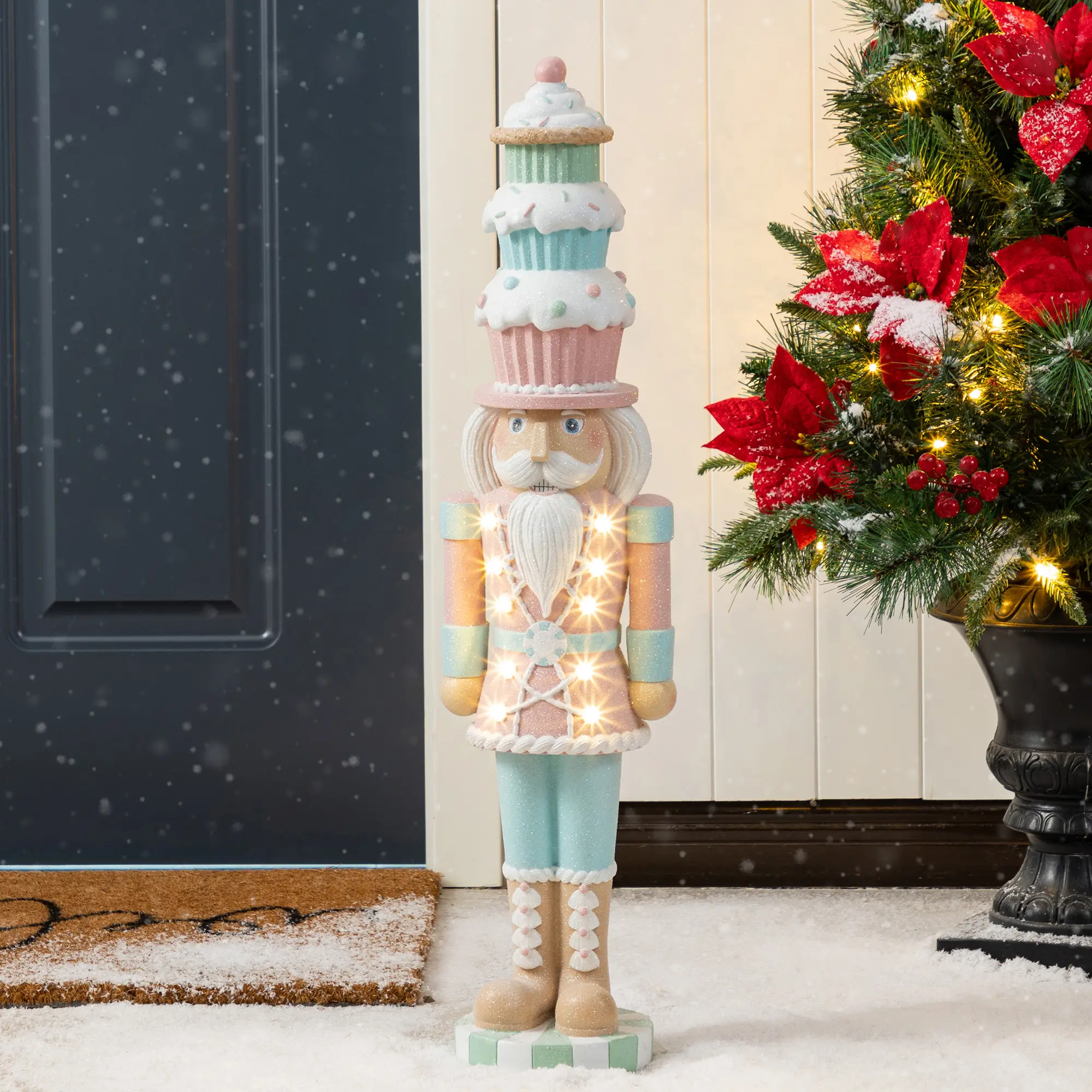【Christmas in July】 Glitzhome 28"H Lighted Macaron Pink and Blue Resin Christmas Cupcake Nutcracker Porch Decor w/Timer