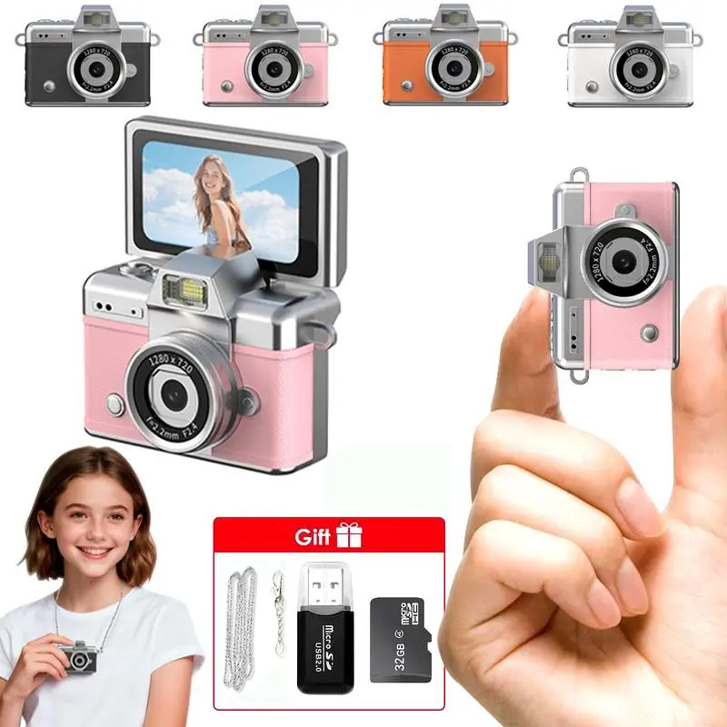 Mini Keychain Digital Camera - Pocket-Size 1080P HD 1MP Lens with Flash, 0.96" Screen, 32G Micro SD Card & Charging Cable, Retro Vlog Device for Travel, Kids, Sparkling Rose Gold